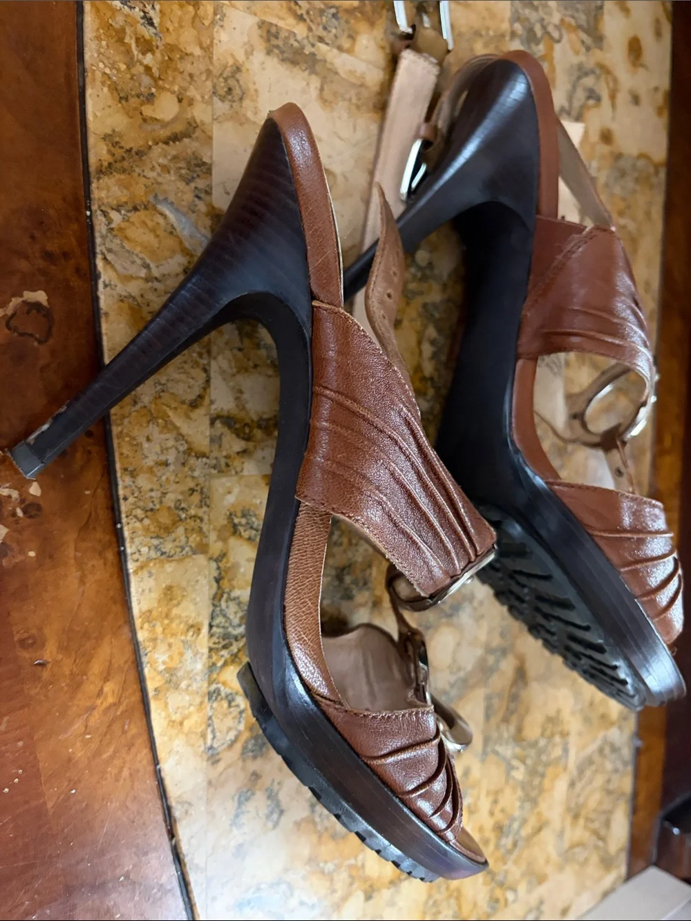 Michael Kors Brown Leather T-Strap Heeled Sandals with Silver Accents